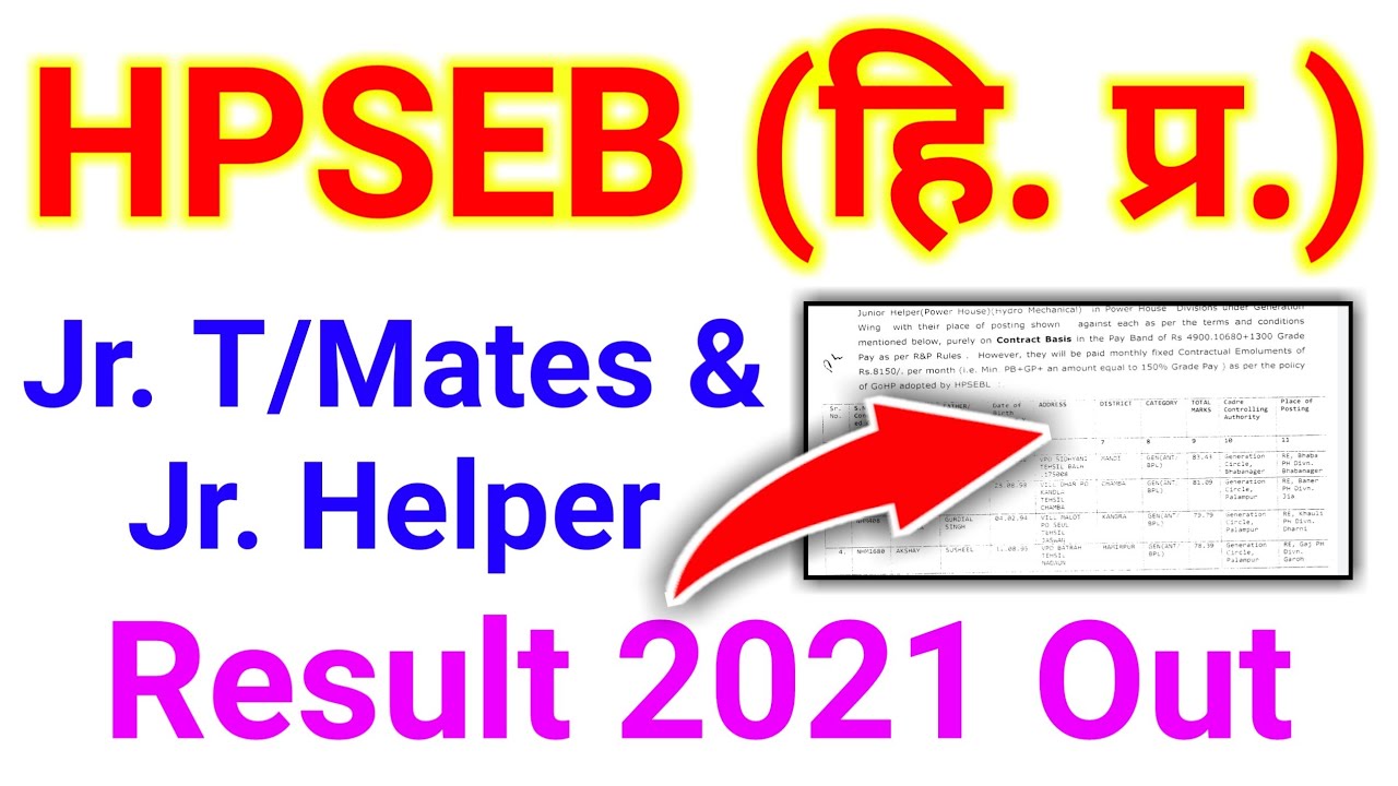 HPSEB Junior T Mate & Helper Result 2021 Out | OFFICIAL UPDATE | hpseb t mate result 2021