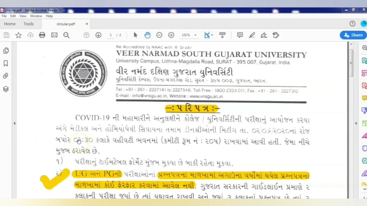 VNSG University External Exam Date 2020 II LL.B. Sem.2,4,6 Exam Date II Circular regarding Exam.