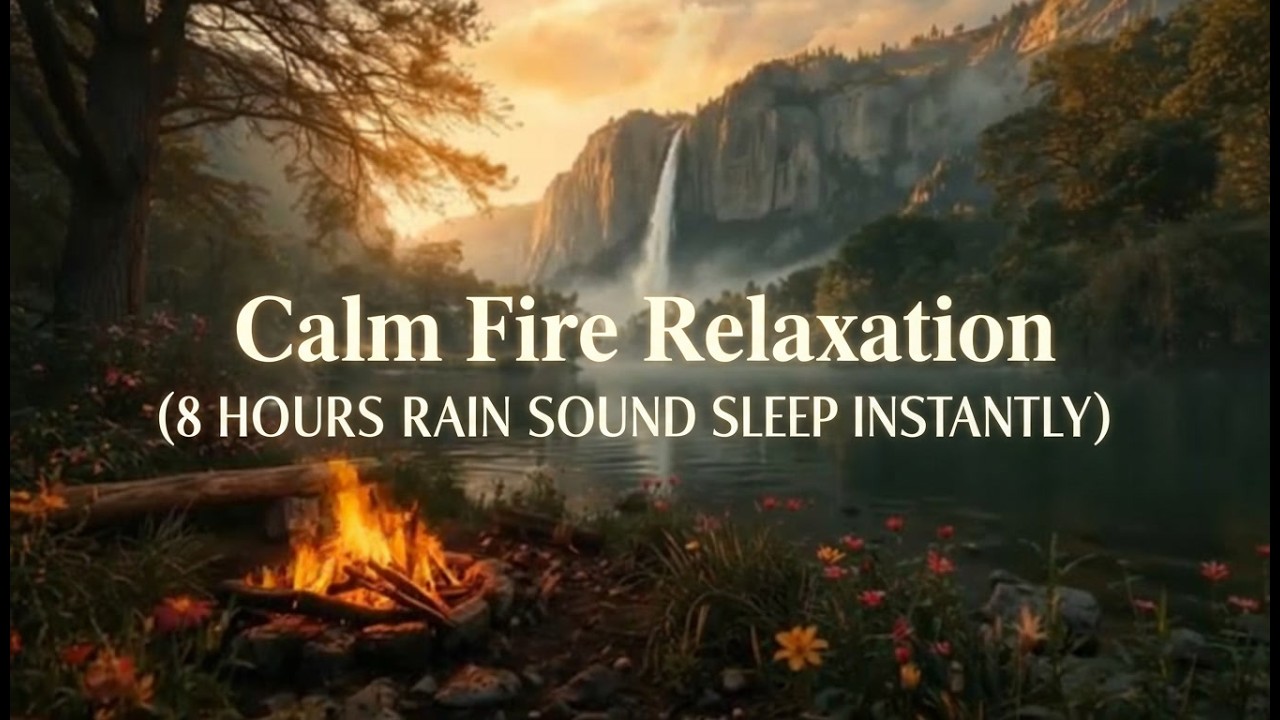 Deep Sleep| Relaxing Sleep Ambience | Crackling Campfire by a Giant Waterfall at Sunset