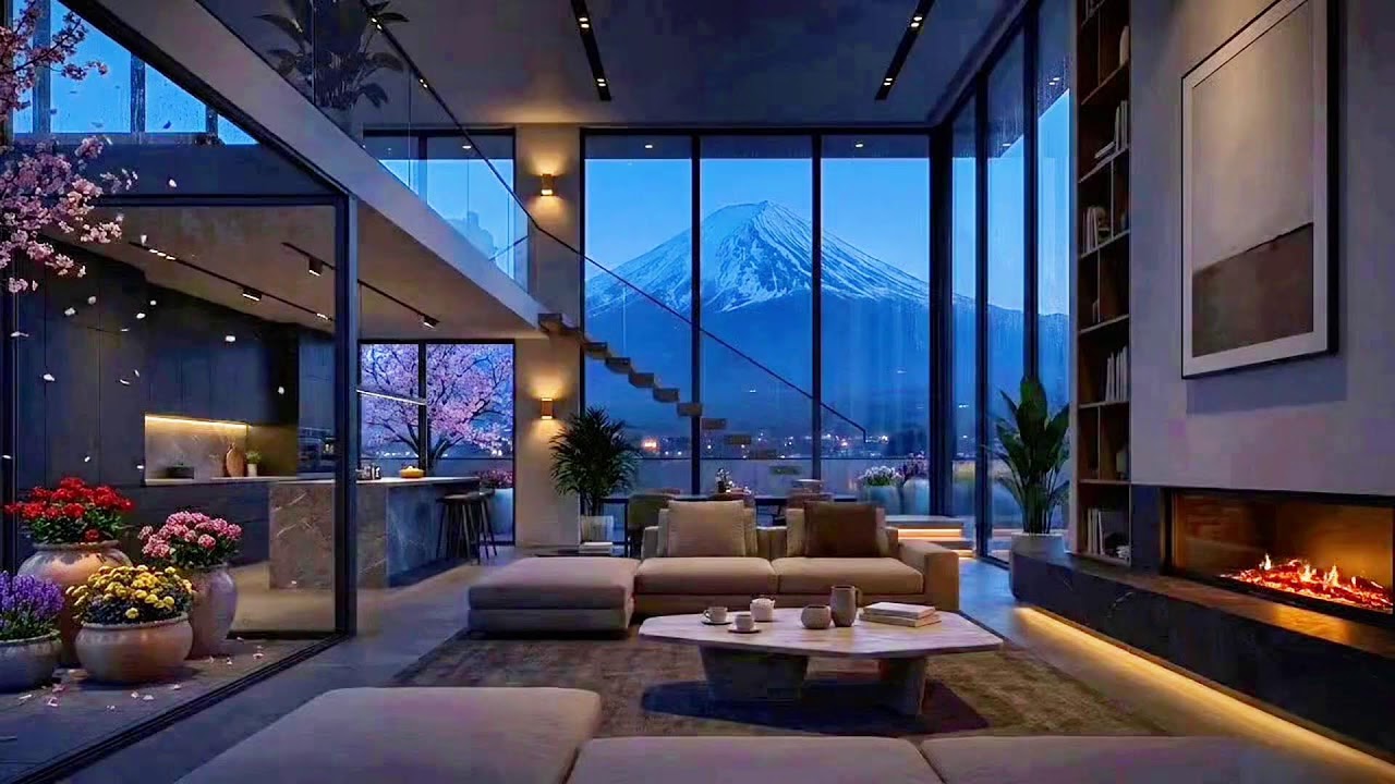 Peaceful Rainy at Luxury Penthouse Apartment ~  Gentle Jazz Piano Music For Study, Work