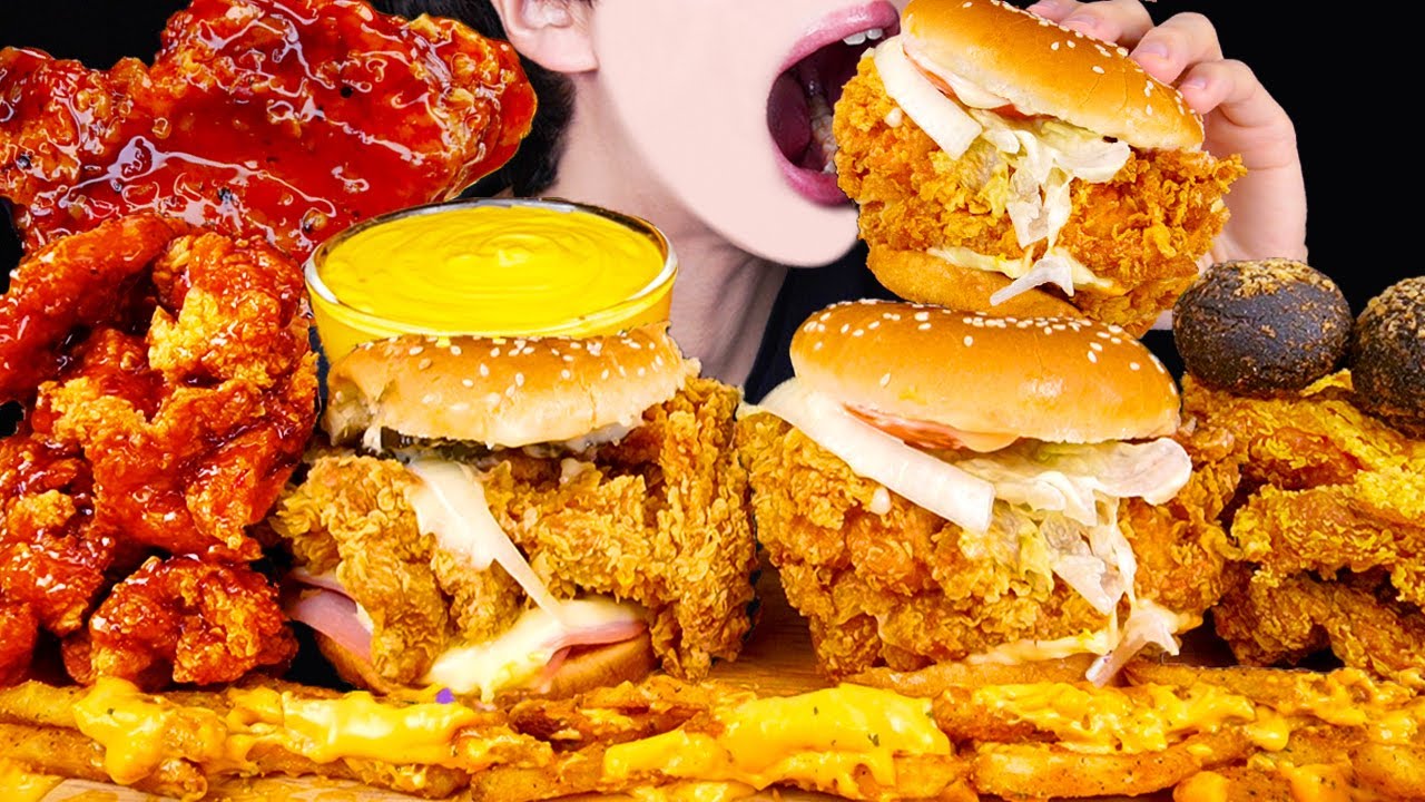 ASMR CHICKEN BURGERS FRIED CHICKEN CHEESY FRIES MUKBANG 햄버거 양념치킨 먹방 チキンバーガー 咀嚼音 ayam EATING SOUNDS