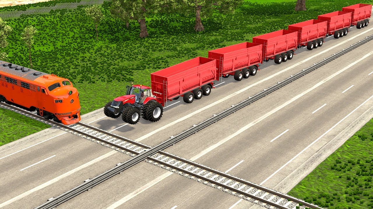 Train Tractor Crossing Rail Track - Cars vs Speed Bump vs Rails #2 - BeamNG.Drive