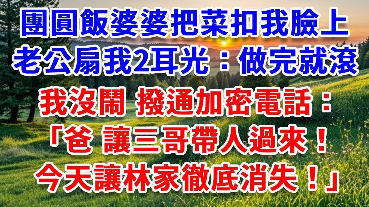 團圓飯婆婆把菜扣我臉上，老公扇我2耳光：做完飯就滾！我沒鬧 撥通加密電話：爸，讓三哥帶人過來！今天讓林家徹底消失！#詩涵講故事#為人處世#生活經驗#情感故事#晚年哲理#說故事#完結文#原創故事