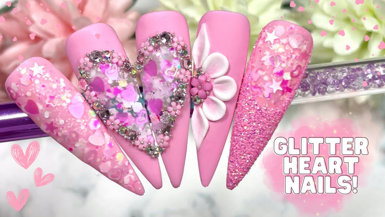 A VERY GLITTERY VALENTINE NAIL DESIGN| 3D FLOWER NAIL| HEART NAILS| MADAM GLAM