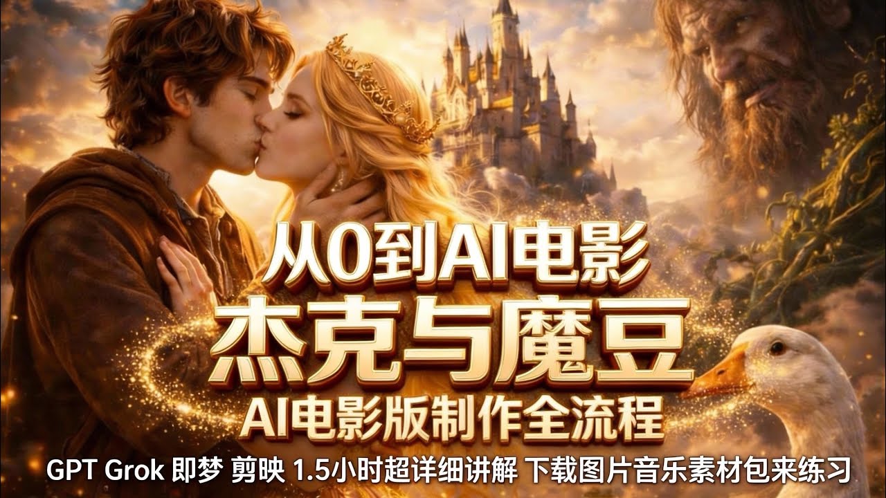 《杰克与魔豆》AI电影制作全流程｜从脚本到成片｜GPT / Grok / 即梦 / 剪映｜1.5小时保姆级教程！/可下载图片音乐素材包！