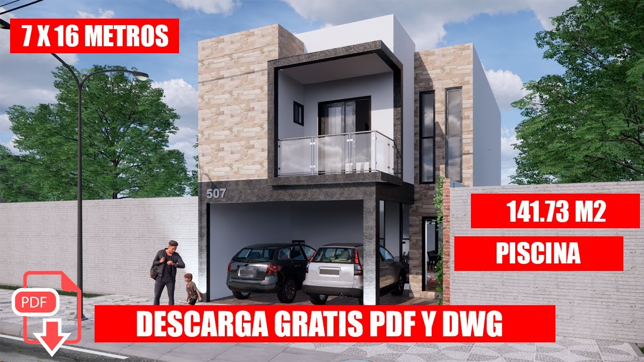 Plano de Casa de 7 X 16 con PISCINA / House Plans 7 X 16 / Rumah 7 X 16