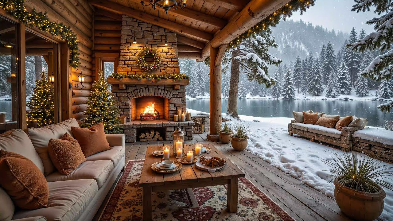 Cozy Wooden Porch by the Lake in a Winter Ambience ❄️ Piano Music with Crackling Fire for Relaxation