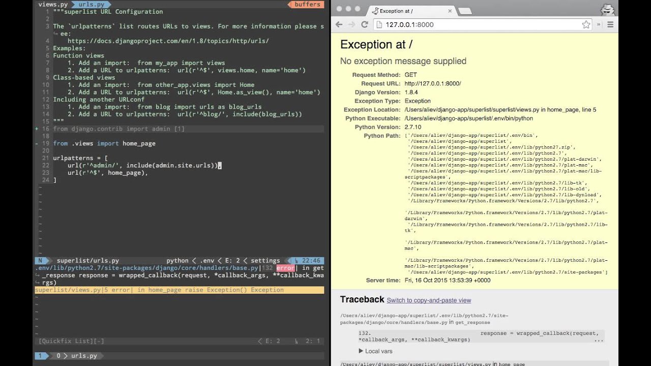 Vim tracking errors Django from runserver