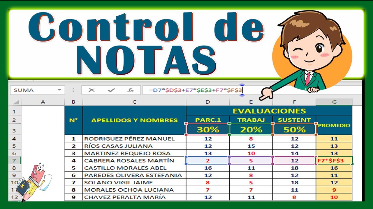 Control de notas escolares con porcentajes y promedios en Excel