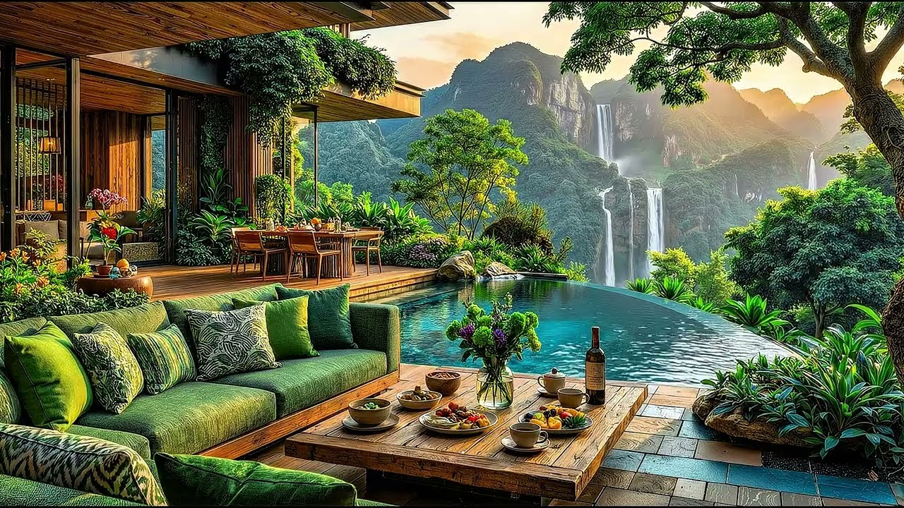 Quiet Coffee Jazz in a Forest Waterfall Courtyard 🌿 Smooth Jazz for Focus and Relaxation