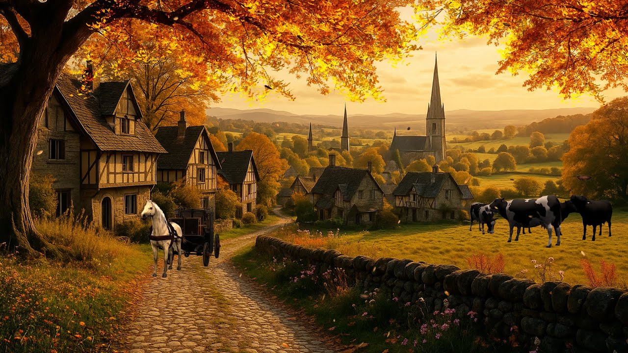 Cozy Autumn Village Ambience 🍂 | Peaceful Countryside Sounds with Horse & Church Bells 🕯️