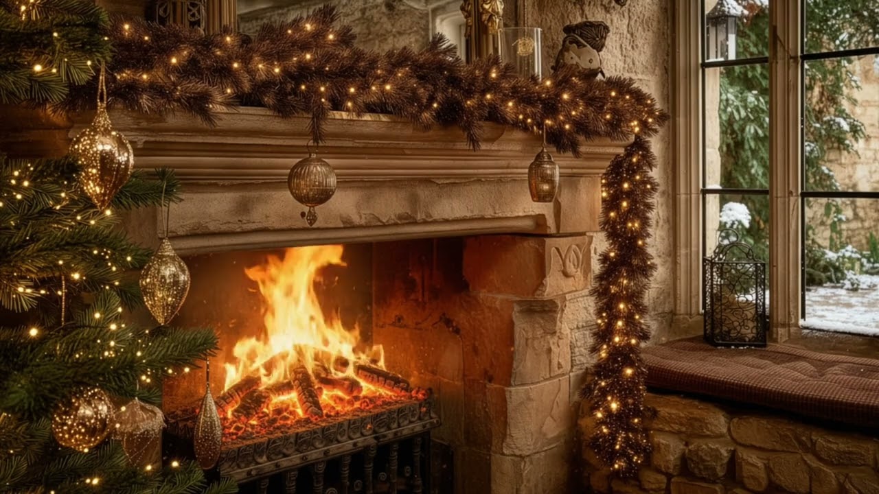 Country House Fireplace | Stone Hearth & Courtyard View | Quiet Luxury Old Money Christmas Ambiance