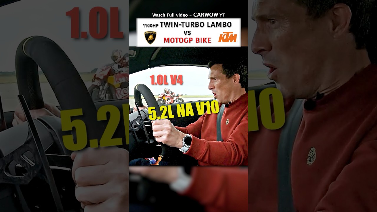 1100-сильный Lamborghini с двойным турбонаддувом против мотоцикла MotoGP: дрэг-рейсинг