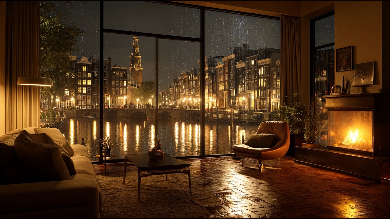 Rainy Night in Amsterdam Canal 🌧️ Cozy Fireplace & Rain Sounds (4 Hours)