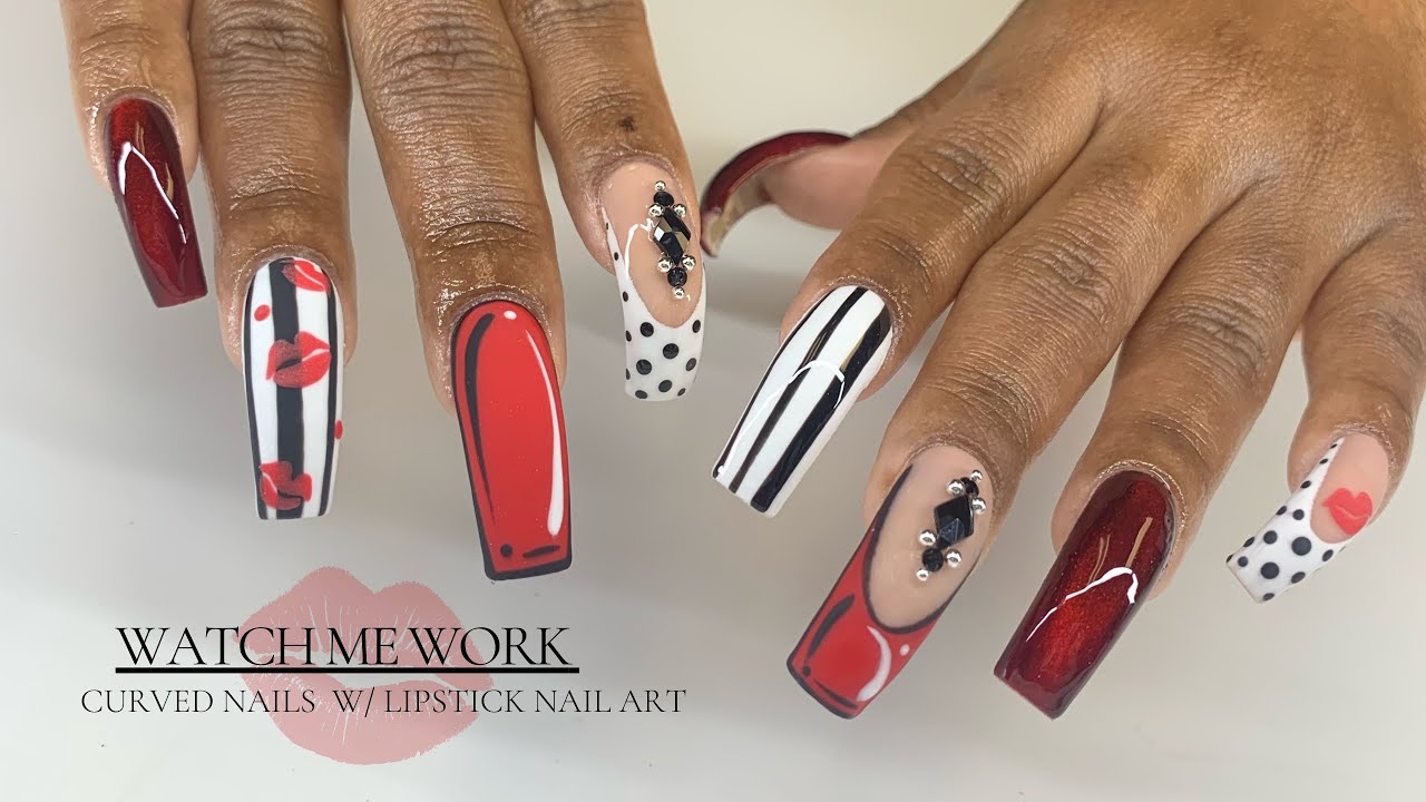 Lipstick Nail Art Tutorial 💋 | Acrylic Curved Nail Tutorial 🖤✨ 
