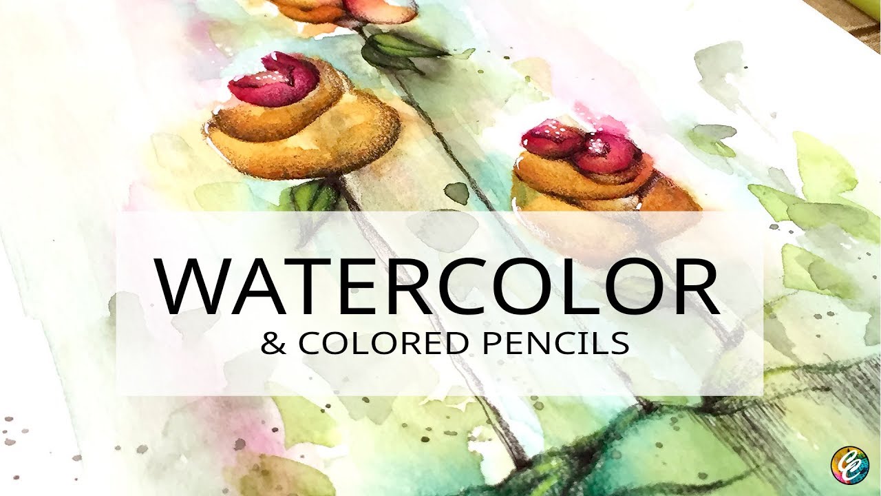 shading with colored pencils over an abstract watercolor painting