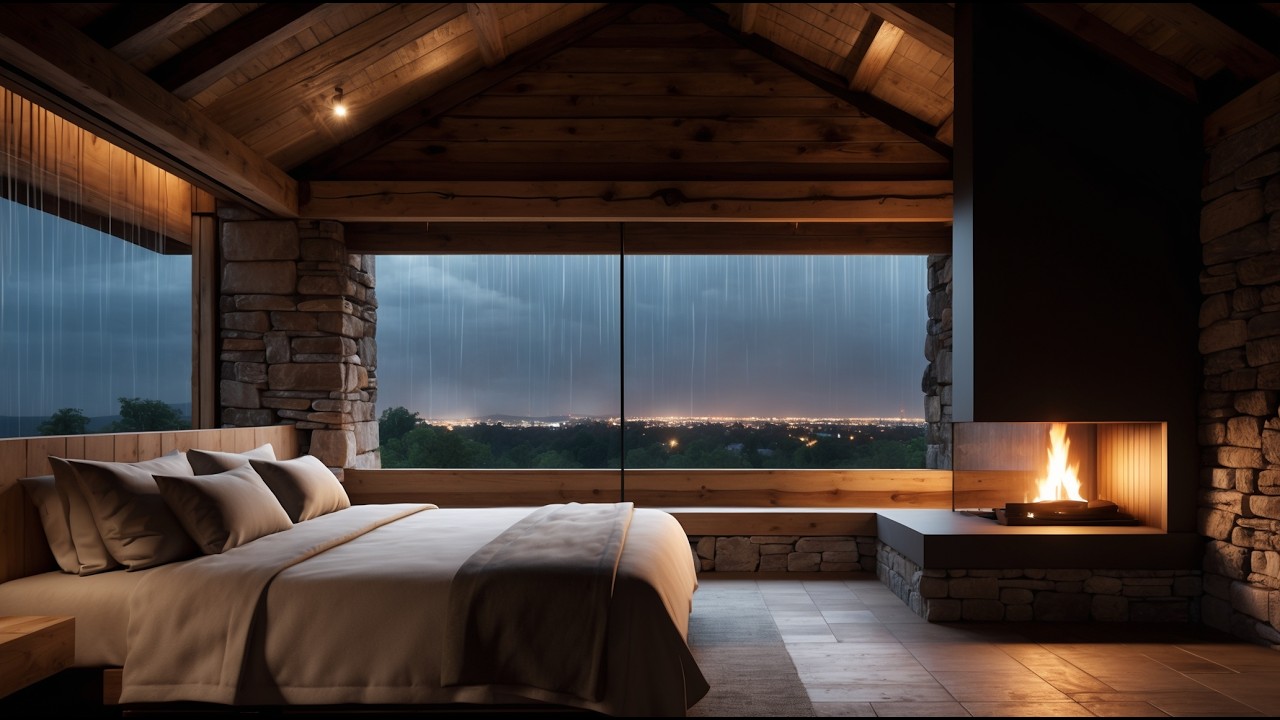 Rain Sounds for Sleeping | Cozy Cabin Bedroom Fireplace | Rain on Window Ambience