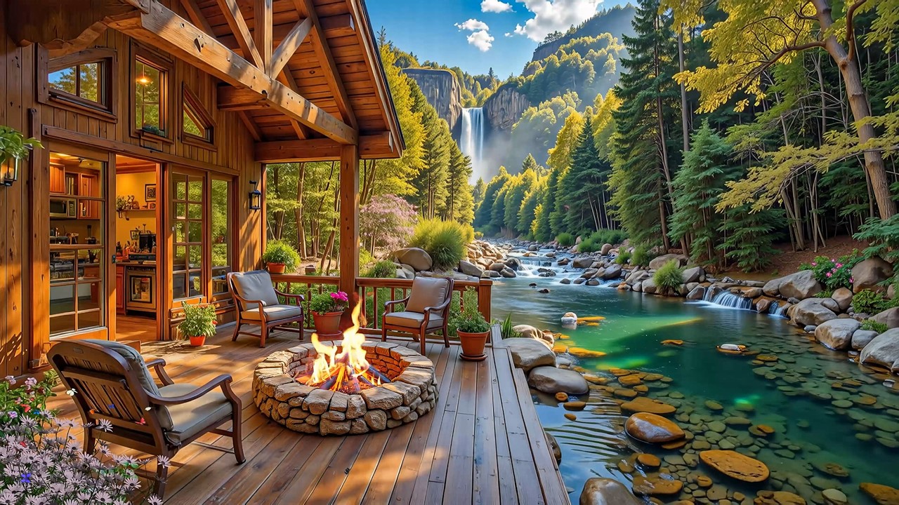 Tranquil Spring Riverside Cabin Porch 🌲🔥 Relaxing Piano Music, Campfire & Nature Sounds