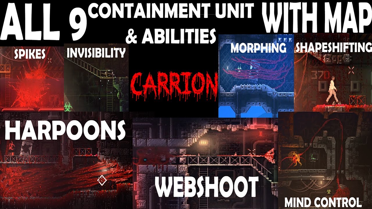 Carrion Horror game, All 9 Containment unit and 9 Abilities locations with map, INVISIBLITY, HARPOON