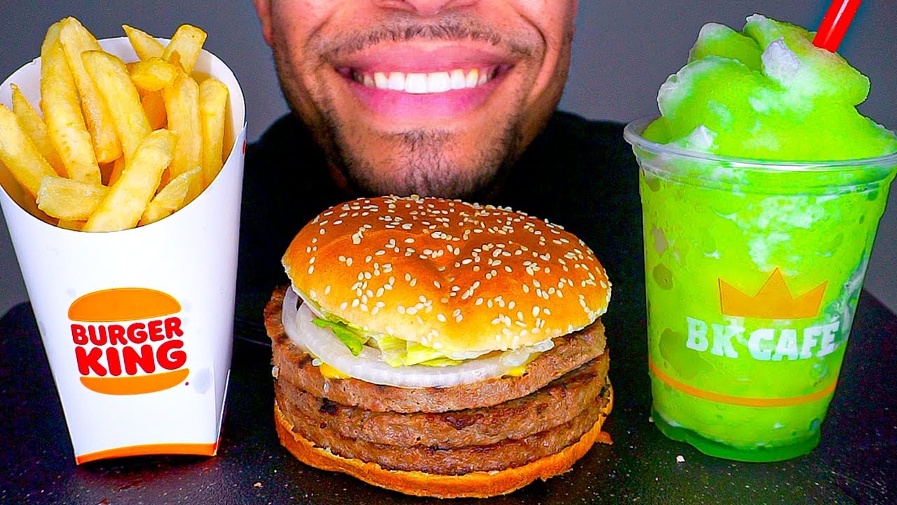 TRIPLE CHEESBURGER IMPOSSIBLE WHOPPER BURGER KING FRIES EATING MOUTH SOUNDS TALKING *BIG BITES*