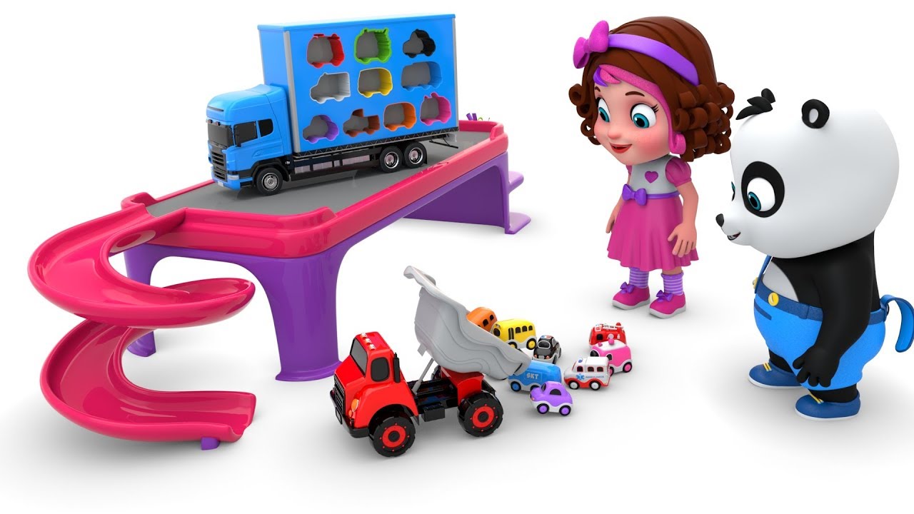 Pinky and Panda Play with Vehicles Shapes Sorter Toy and Dump Truck
