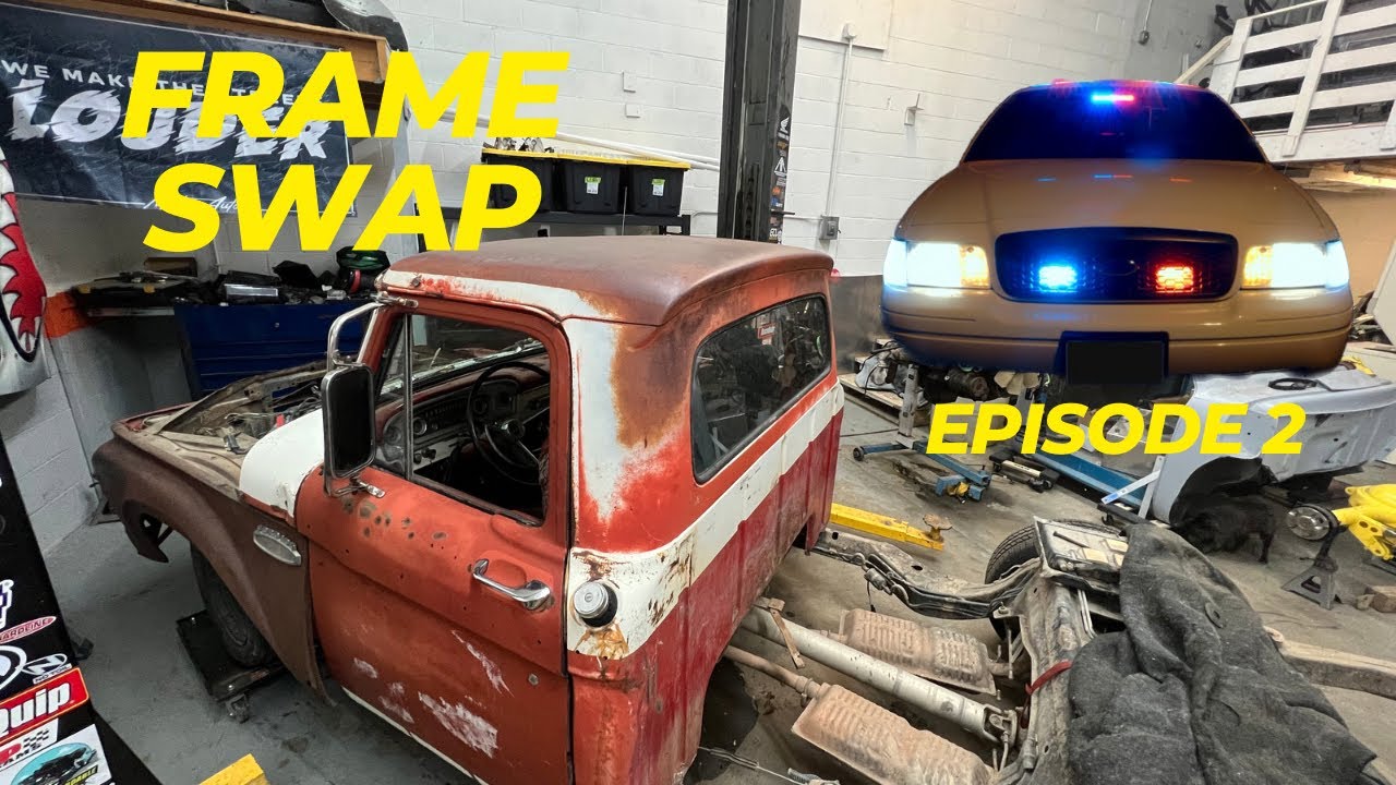 Crown Vic frame swap episode 2| 1966 Ford F100 | setting the cab / metal in the eye