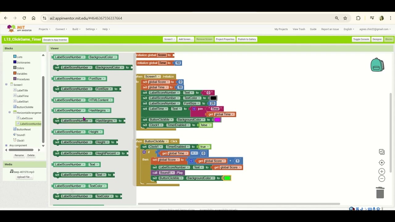MIT App Inventor｜Lesson 13 – Click Game with Timer