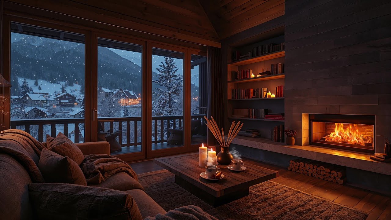Snowy Village Atmosphere ❄️ Piano & Fireplace Warmth 🔥🎹