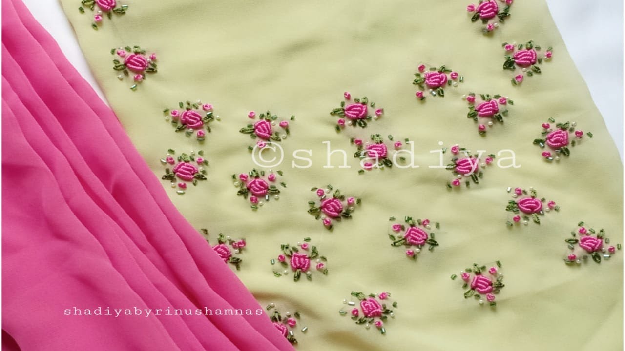 Hand embroidery very easy neck design with bullion rose|bullion rose neck design
