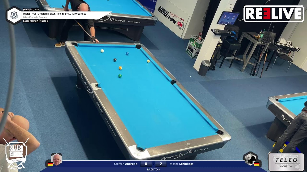 Spieler1} vs Matze Schinkopf Tisch[3] Dienstagturnier Billardfreuden Bremen 8-Ball 27.1.26 Steffen A