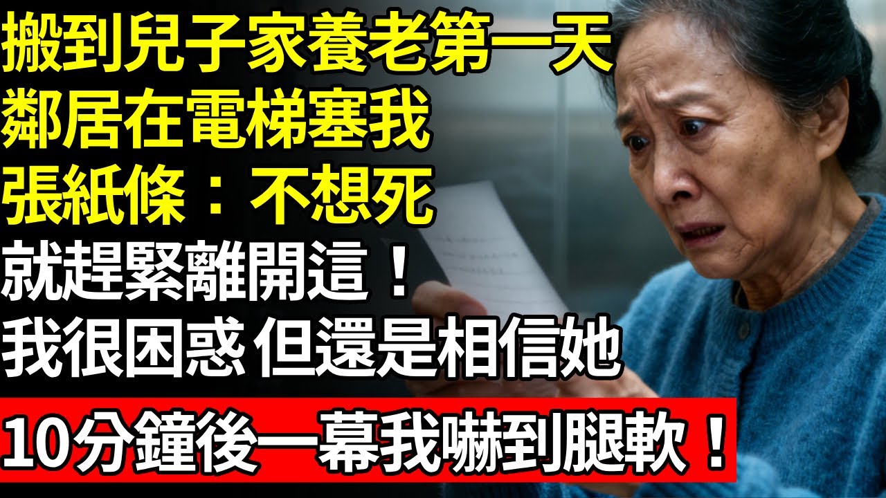 搬到兒子家養老第一天，鄰居在電梯裡，塞我張紙條：不想死，就趕快離開這件事！我很困惑，但還是相信她，10分鐘後一幕我嚇到腿軟！#養老#不孝子#老人社#人間家事#退休金