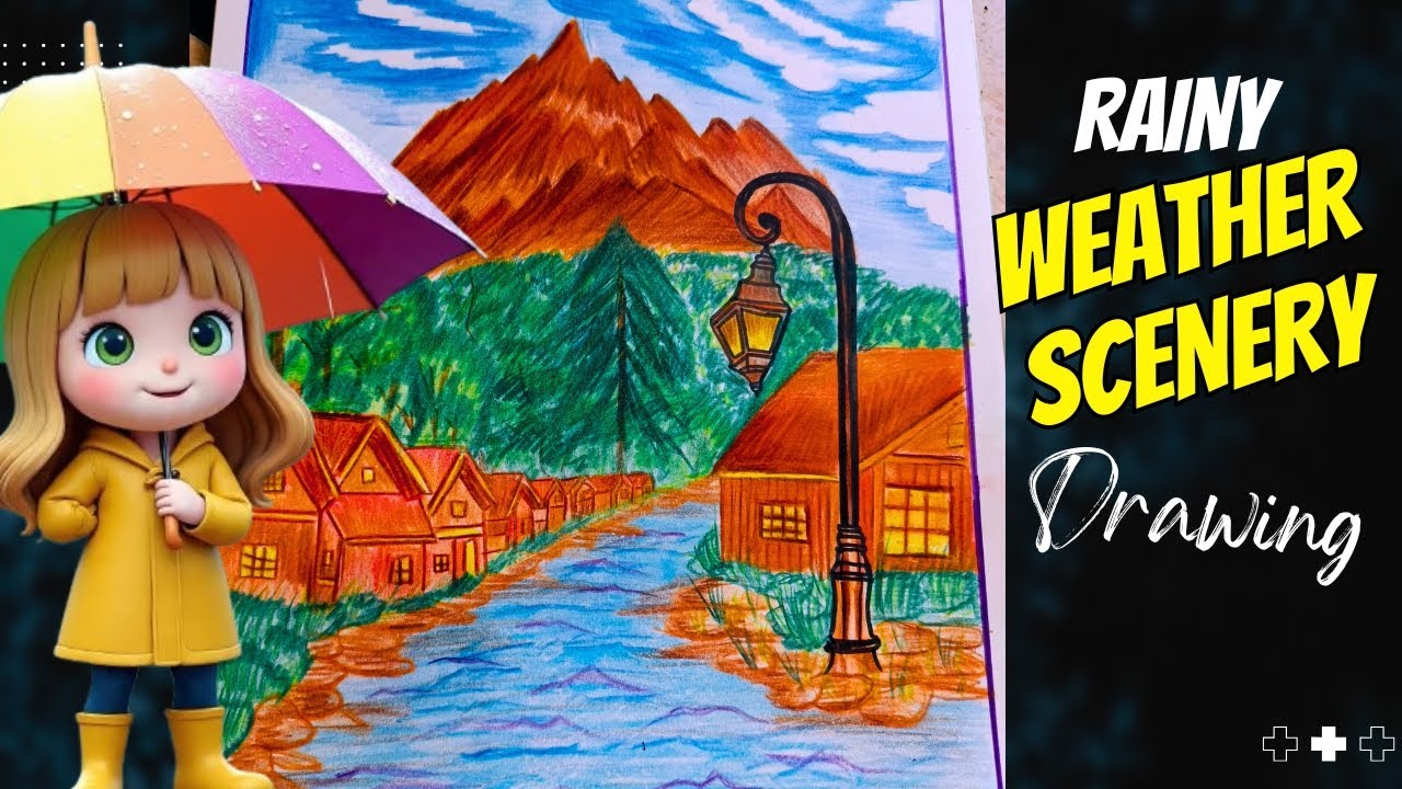 Rainy Weather Scenery Drawing | Easy Mountain Village Landscape with Color Pencils | Bismillah Art