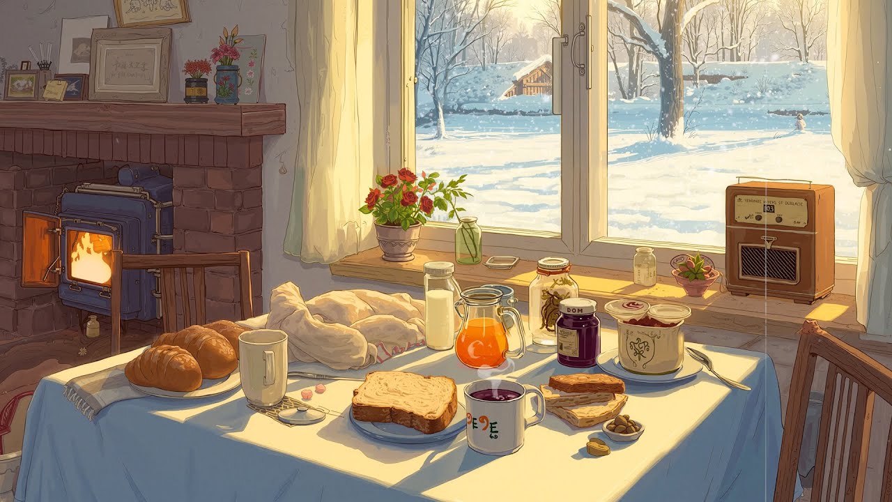 Peaceful 1950s Winter Morning | Gentle Vintage Jazz with Oldies Playing in Another Room