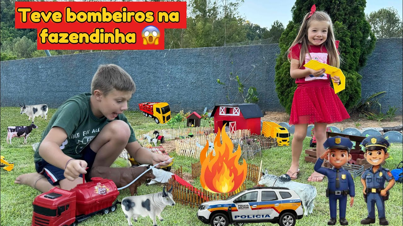 🚒FAZENDINHA de BRINQUEDO do MATHEUS E ISABELA - TEVE BOMBEIROS na FAZENDINHA,BRINCANDO com ANIMAIS