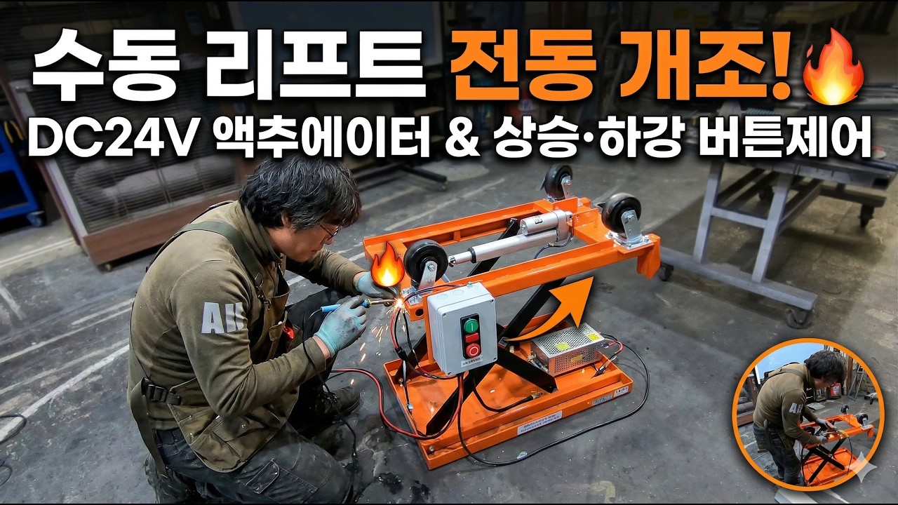 수동이동식테이블리프트를 전동식리프트로 변경작업/전동액추에이터 DC24V용 전동실린더/콘트롤러 상승하강버튼제어