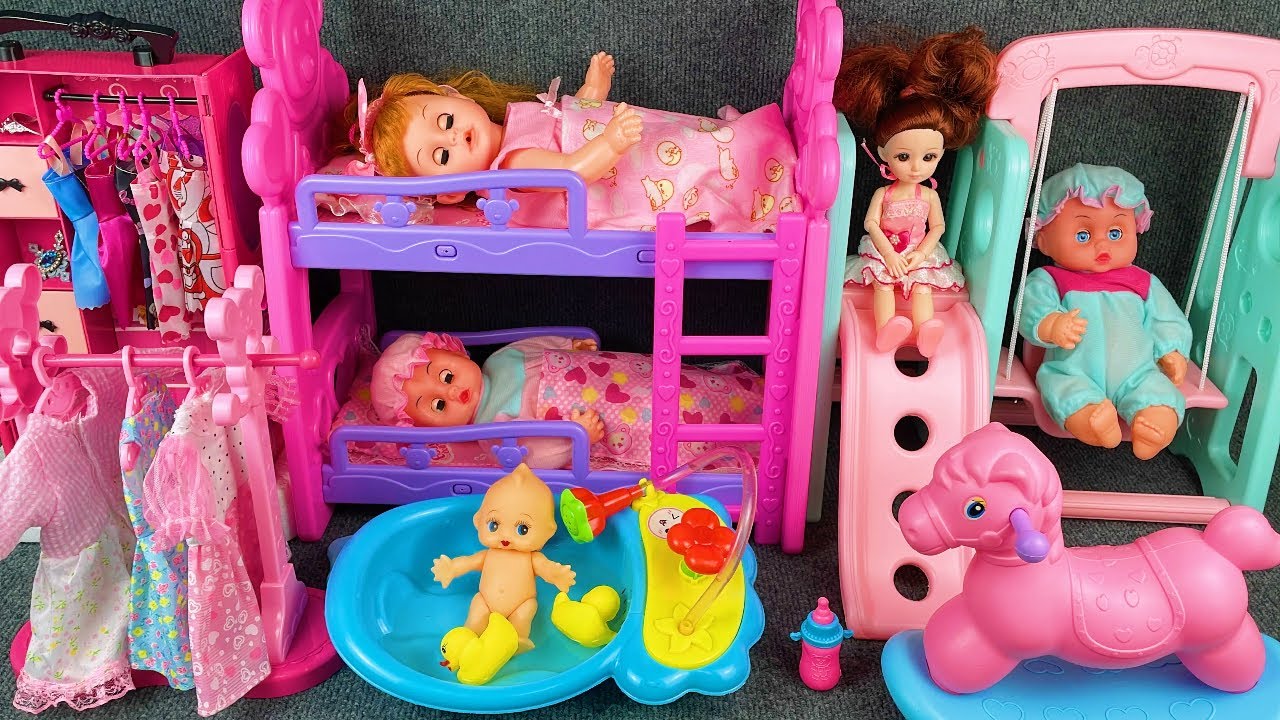 8 Minutes Satisfying with Unboxing Pink  Doll Bed and Rock Horse Play Set Review Toys | ASMR