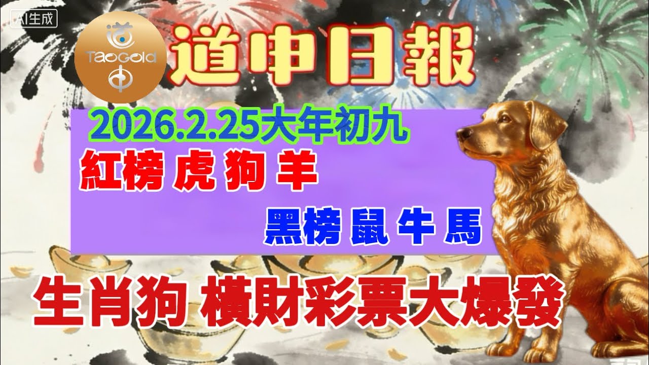 道申日報，2026年2月25日，大年初九，紅榜生肖：虎、狗、羊；黑榜生肖：鼠、牛、馬。生肖狗：橫財彩票大爆發#大年初九發財 #生肖運勢 #八字解析 