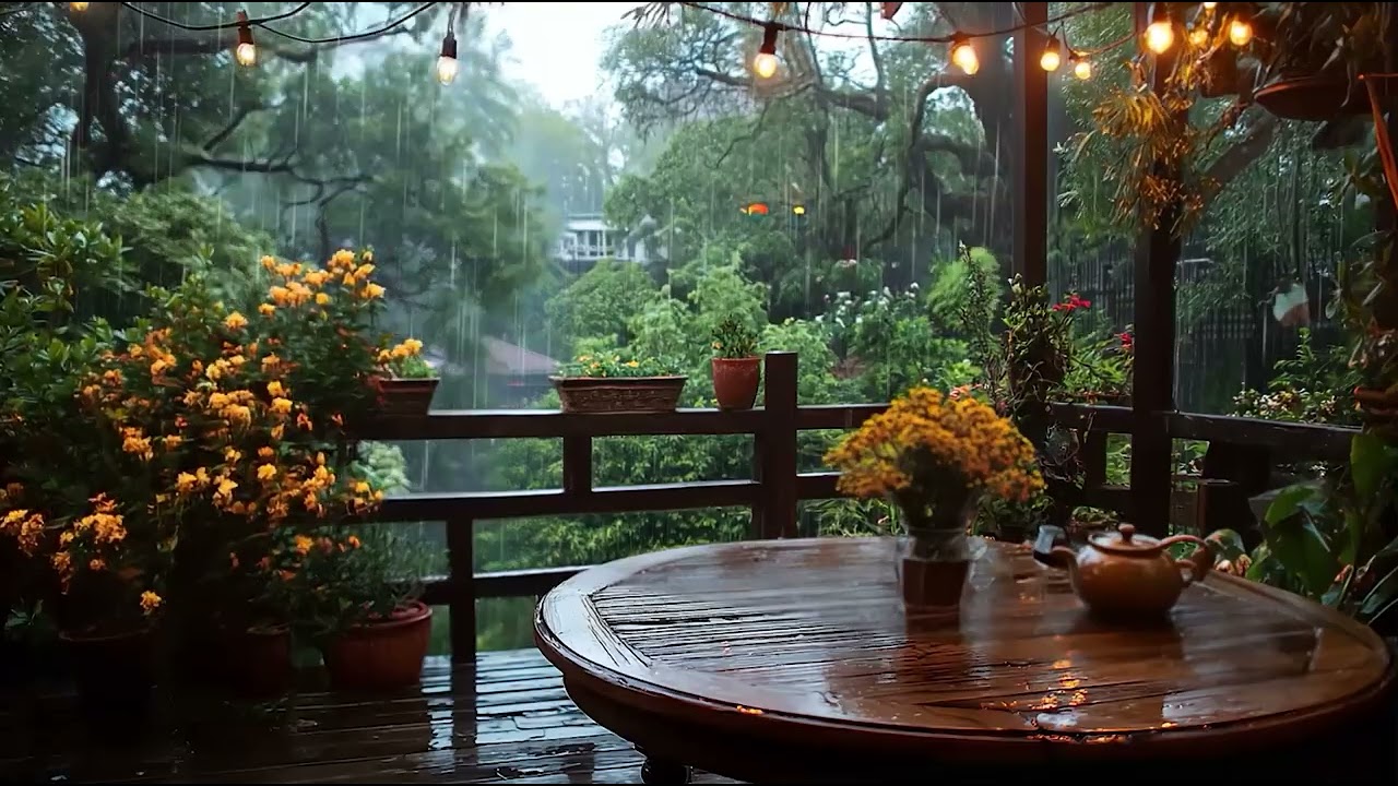 Cozy Rainy Afternoon on a Garden Porch ☕ | Raindrops & Flowers: Garden Ambience 🌧️🌸