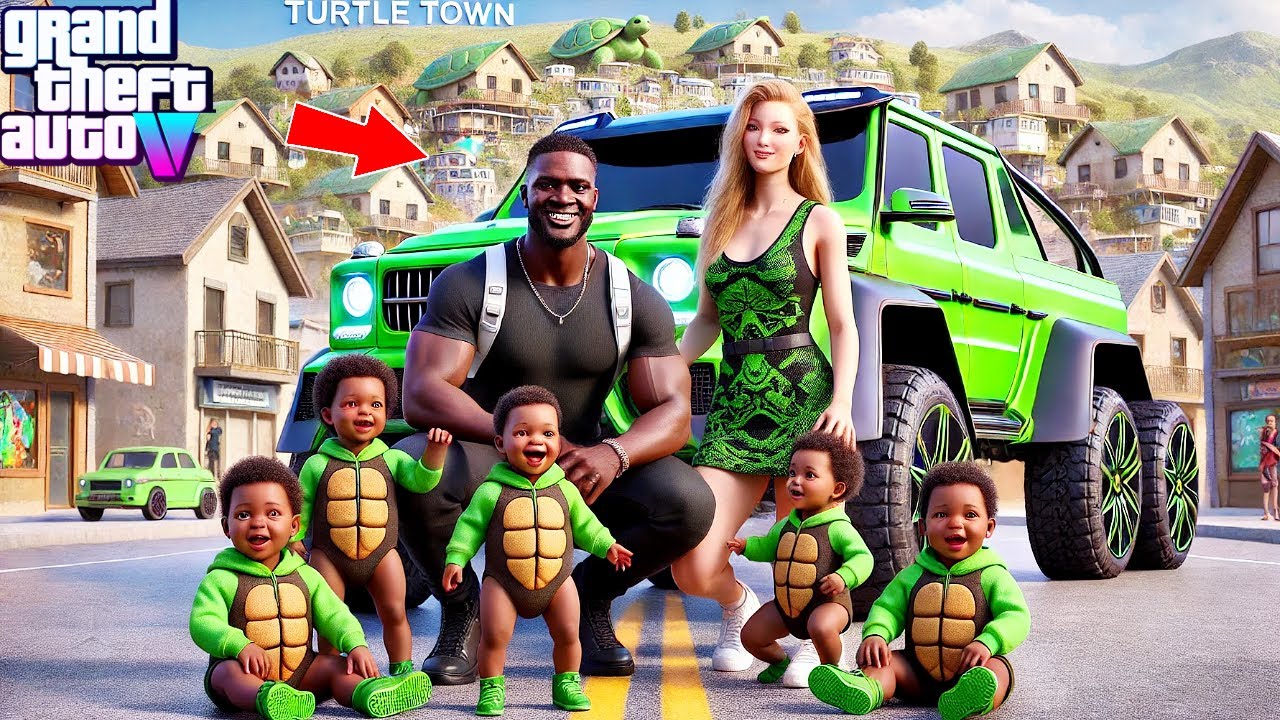 😍👶🏽🌴🐢Franklin, Mia & Quadruplets Epic Road Trip To Turtle Town-GTA 5 Real Life Mod Remastered