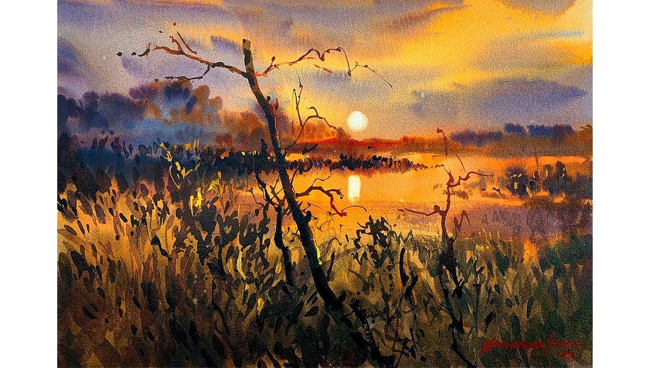 Sunset Watercolour Landscape Painting Tutorial | Watercolour Demo by Shahanoor Mamun