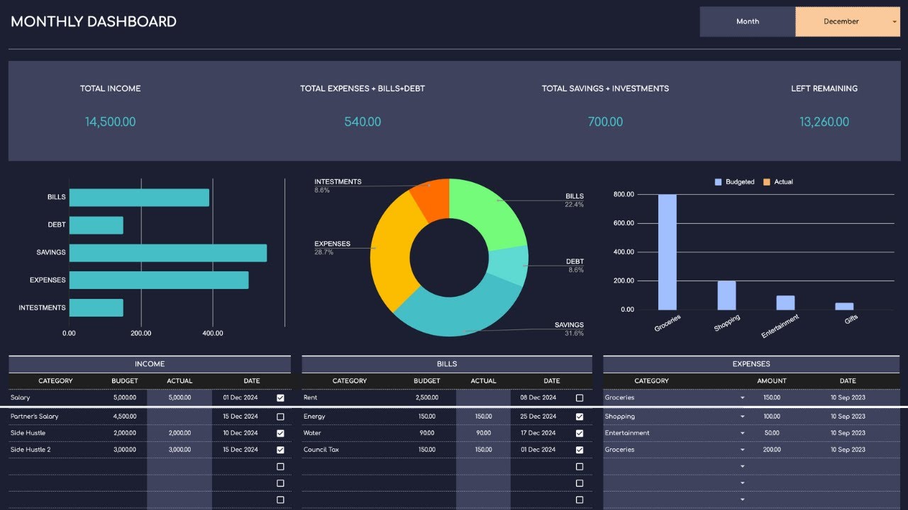 Bill Payment Calendar Template Excel & Google Sheets Dark Theme