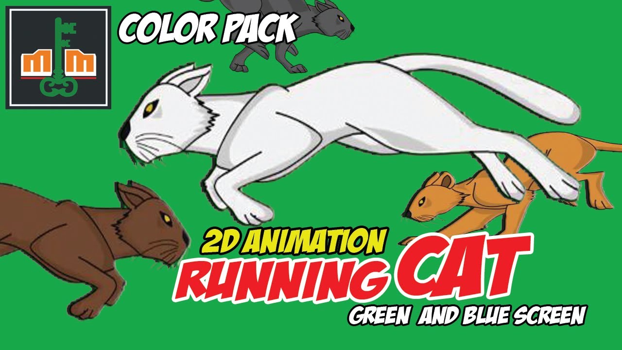 GREEN BLUE SCREEN 2D ANIMATED CAT  RUNNING COLOR PACK