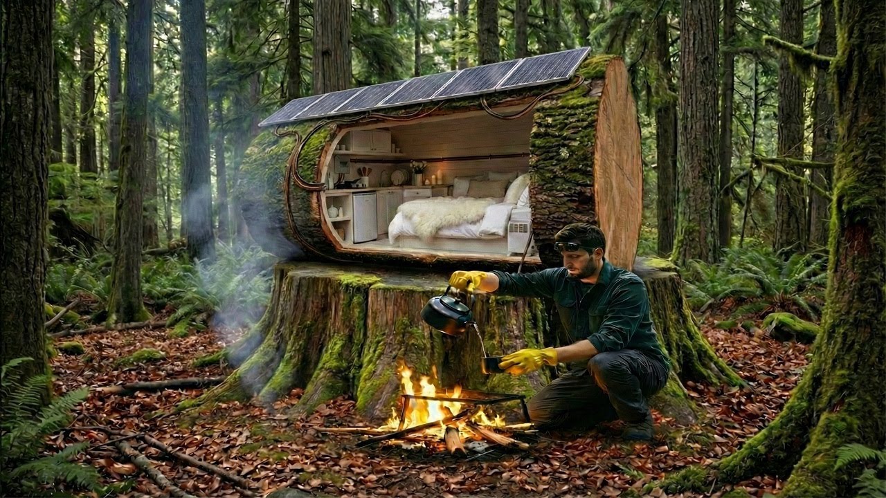 Building A House In Forest (ASMR) - This Man Built A Mini House On A Giant Tree Stump (Full Process)