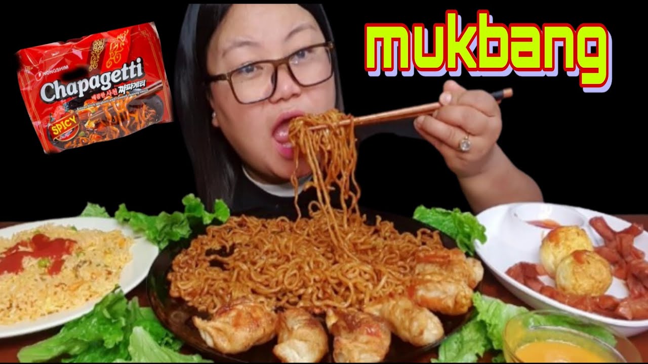 Eating Spicy Chapagetti Noddles| Fried Chicken MoMo,Sussage And fry Boil Egg | Mukbang ||