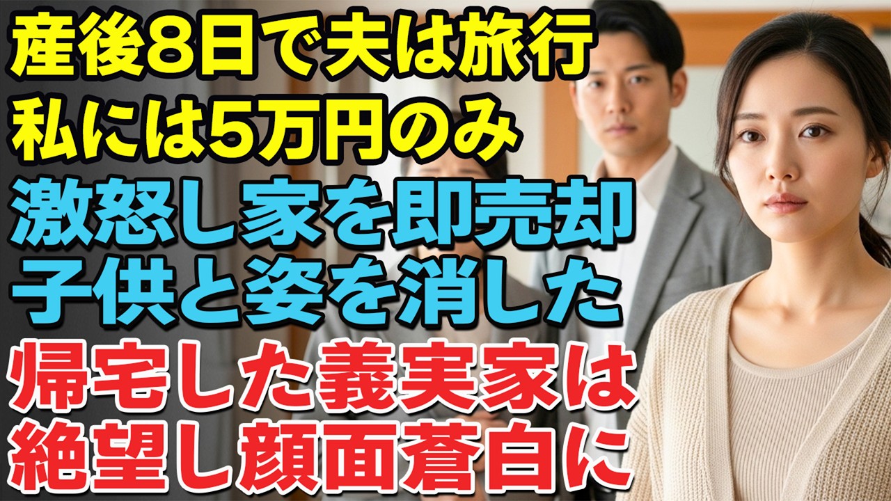 産後8日で夫は両親と旅行、私には5万円だけ。「それで十分だろ？」私は即日家を売却し子と姿を消した。帰宅した義家族は蒼白に…