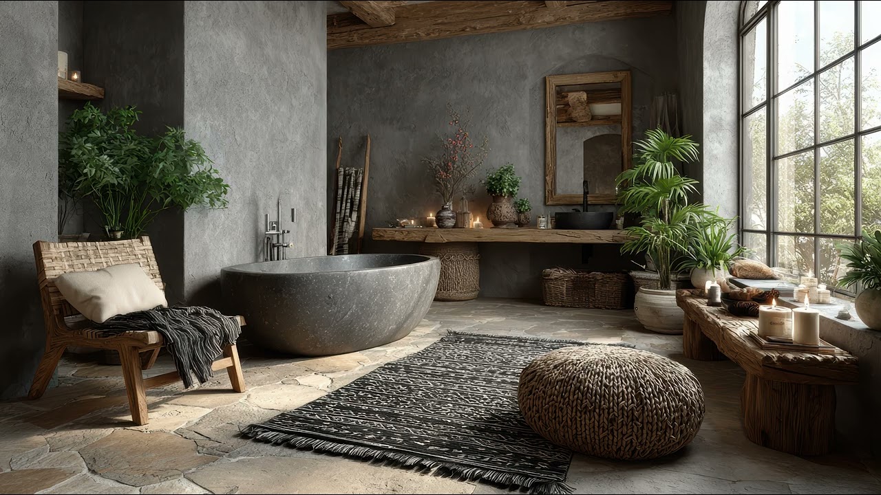 Modern bohemian bathrooms. 1 hour 4K TV Wall Art screensaver.