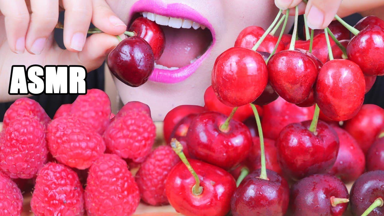 ASMR EATING RED FRUIT *American Cherry + Raspberry 먹방 (Eating Sound) - フルーツを食べる  | PAN-ASMR