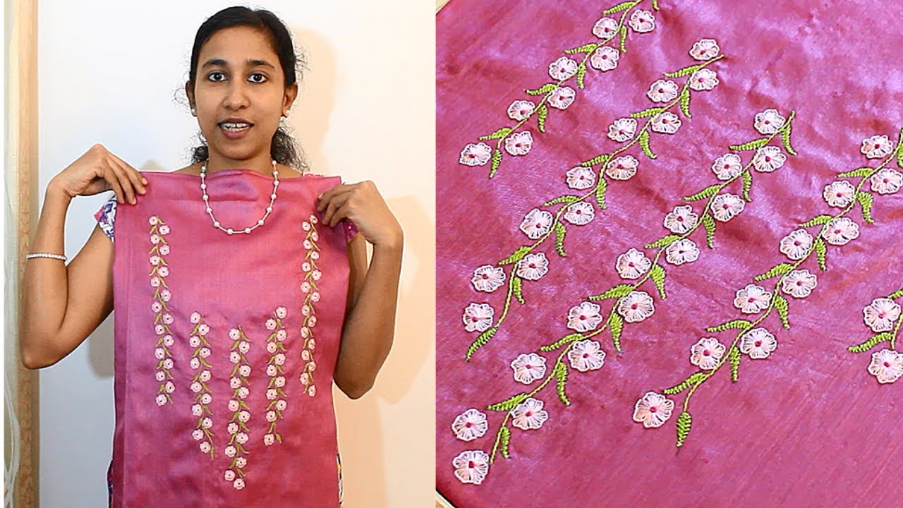 Hand Embroidery Designer Churidar # Embroidery Design on Silk Churidar | Malayalam