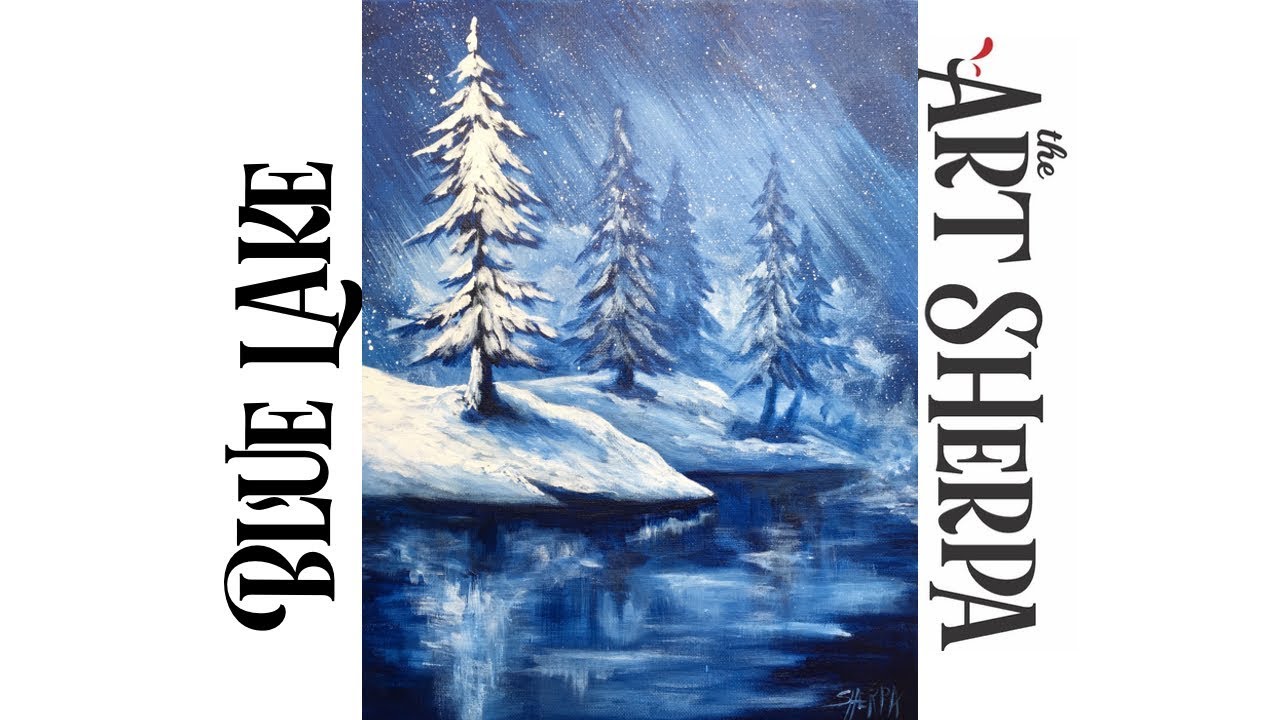 Simple Winter Landscape Frozen Lake with Pines Acrylic Painting tutorial | TheArtSherpa
