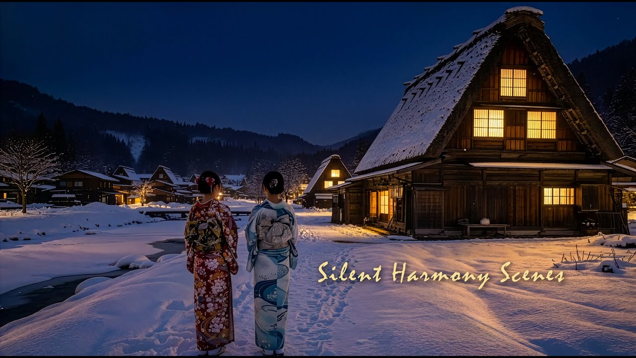 Snowy Night in Shirakawa-go in Japan : Slow Winter Evening Ambience for Sleep & Study (3 Hours)